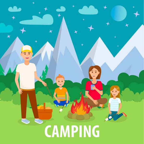 Camping d'été en montagne Dessin plat avec texte — Image vectorielle
