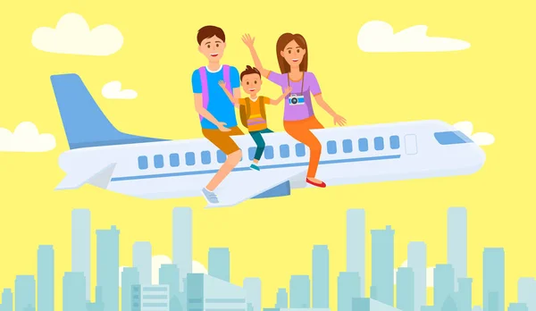 Mãe, pai e filho sentados no desenho do avião —  Vetores de Stock