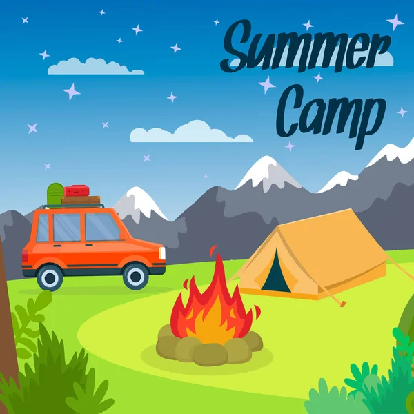 Cartel vectorial del campamento de verano, pancarta con letras — Vector de stock