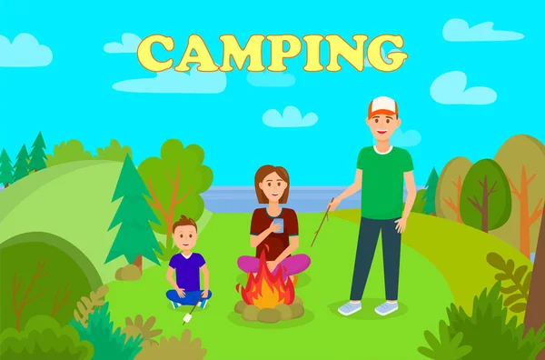 Family Camping Cartoon Postcard with Lettering — Stock Vector