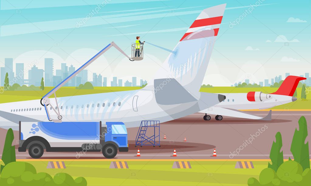 Washing Aircraft at Airport Flat Illustration.