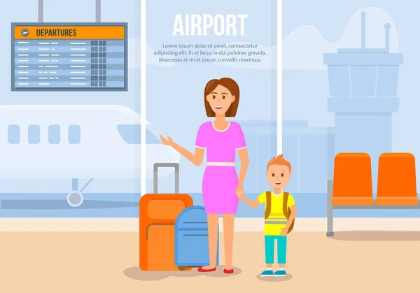 Mulher viajando junto com o pequeno filho. Avião —  Vetores de Stock