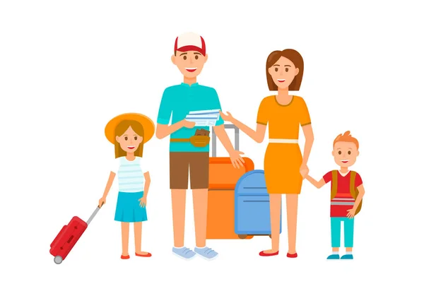 Glückliche junge Familie mit kleinen Kindern auf Reisen — Stockvektor
