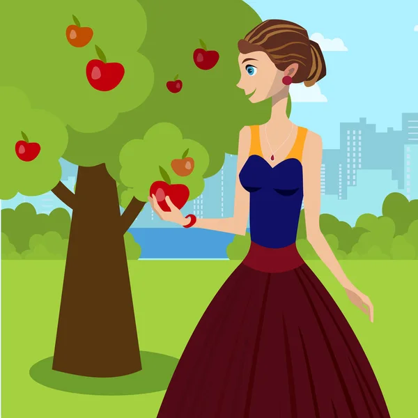 Nuori nainen tilalla punainen omena vektori kuvitus — vektorikuva