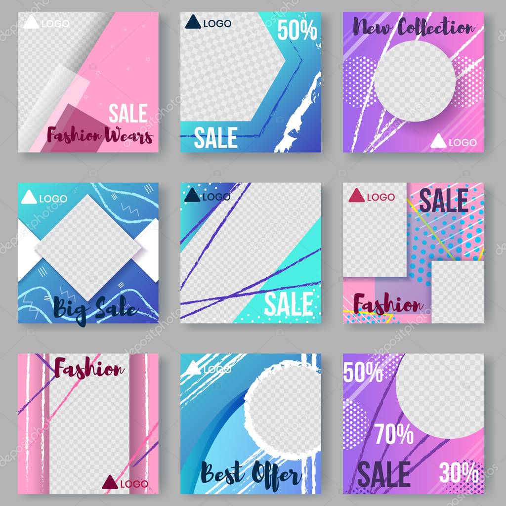 Modern Set Abstract Posters, Covers, Cards. Geometric Shapes on Gradient Background with Doodle Elements in Memphis Style. Ready to Use Business Poster Design. Vector Illustration, Square Banner