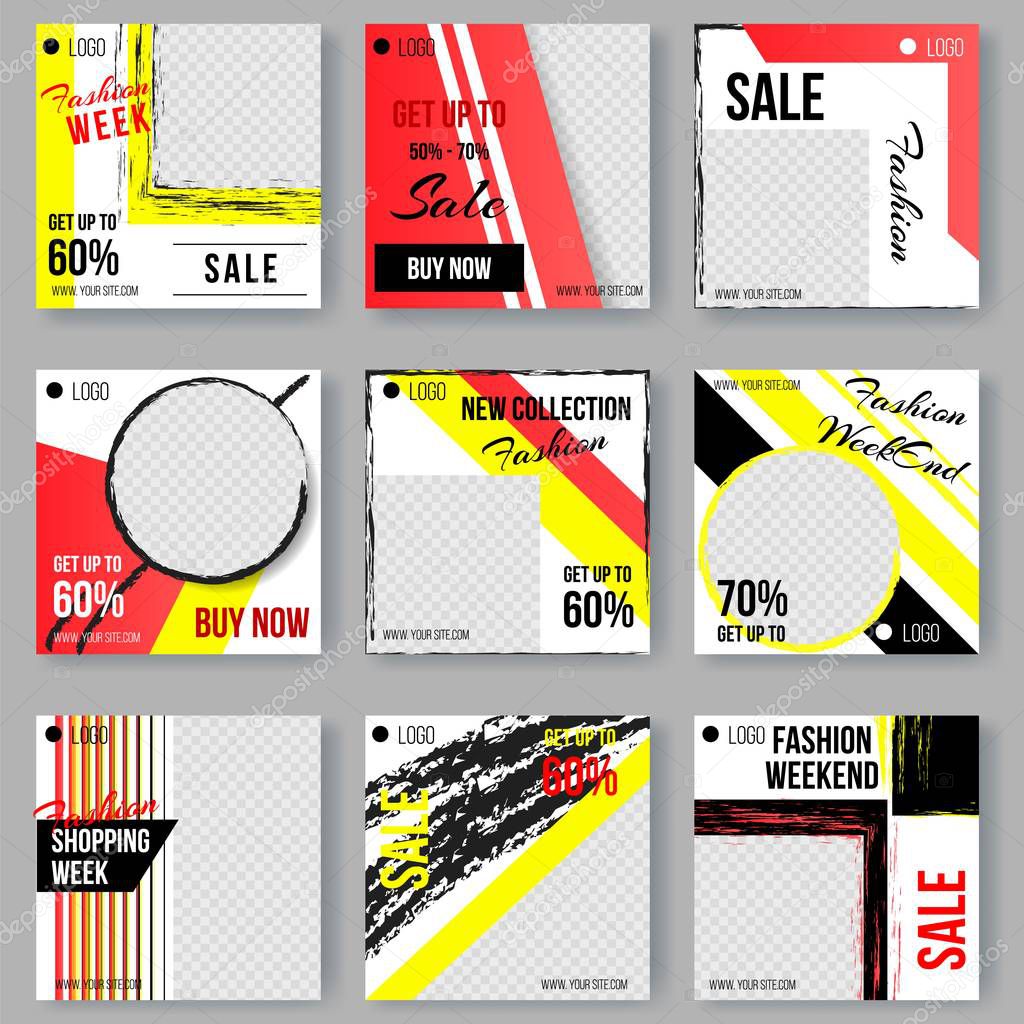 Collection Colorful Backgrounds with Geometric Shapes, Patterns with Grunge Texture. Trendy Design for Fashion Ad, Promo Presentation, Business Flyer, Poster. Vector Illustration. Square Banner