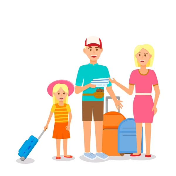 Familia joven feliz con niña viajando . — Archivo Imágenes Vectoriales