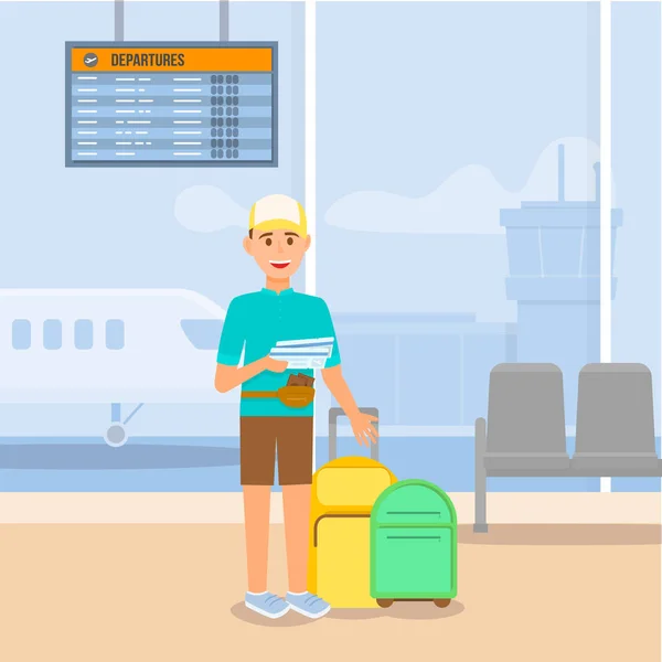 Young Guy Traveling by Airplane. Airport Terminal. — Stock Vector