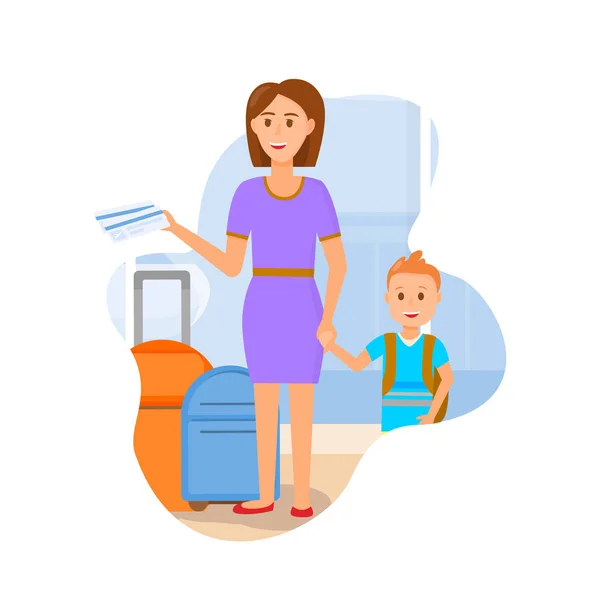 Madre joven viajando con personajes de hijo pequeño . — Vector de stock