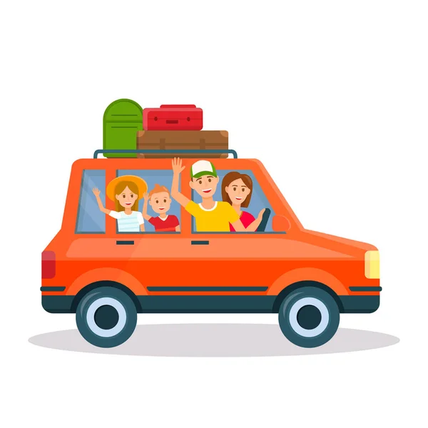 A gyerekek piros autóval utazik boldog fiatal család — Stock Vector