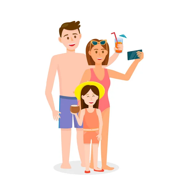 Familia con la pequeña hija haciendo selfie en la playa — Archivo Imágenes Vectoriales