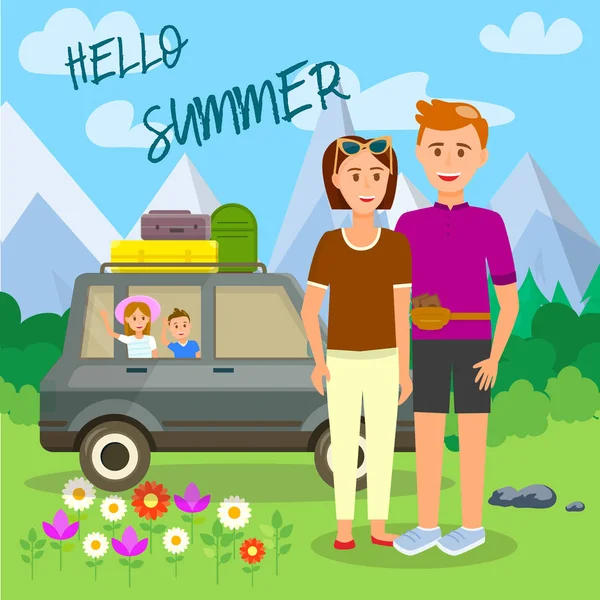 Merhaba yaz kare Banner ebeveynler ve çocuklar seyahat — Stok Vektör
