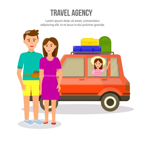 Família feliz de pais e menina Viajar de carro —  Vetores de Stock