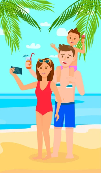 Glückliche Familie am tropischen Strand. Eltern mit Kind — Stockvektor