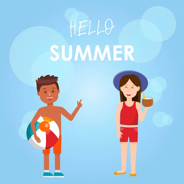 Hello Summer Square banner. Schattige kinderen in badpak. — Stockvector