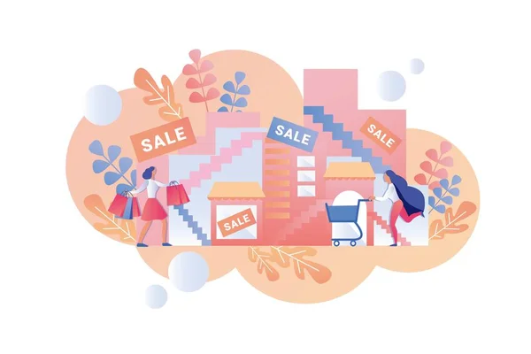 Happy Women go Shopping Mall for Seasonal Sale. — Stock Vector