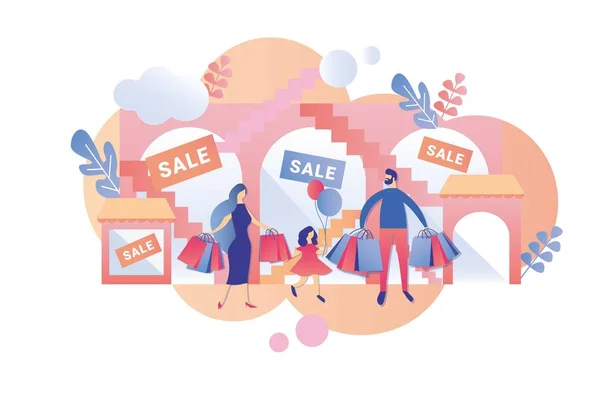 Parents with Child Visit Mall at Weekend and Sale. — Stock Vector