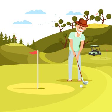 Yaşlı Konsantre Adam Çekim Golf Ball Deliğe.
