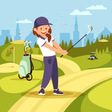 Sevimli Kız Golf Oyuncusu Yeşil Sahada Salıncak Alarak