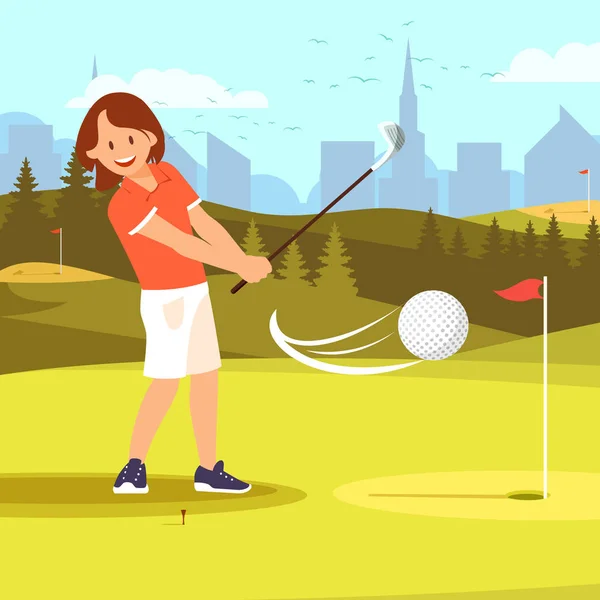 Meisje golfer beoefenen Golf Driving Range cursus. — Stockvector