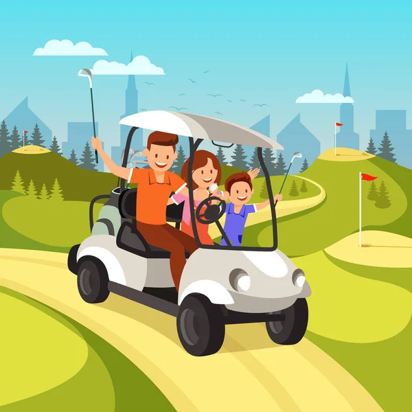 Hombre, mujer y niño van a jugar al golf en el carro . — Archivo Imágenes Vectoriales