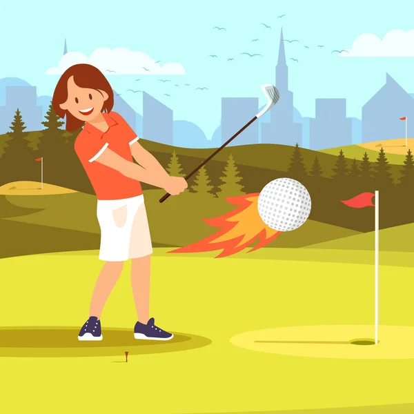 Woman Golf Player Hitting Ball Enveloped in Fire. — Stock Vector