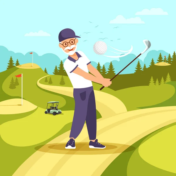 Old Man in Uniform Playing Golf with Club and Ball — Stock Vector