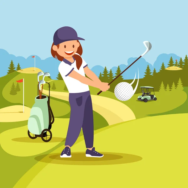 Młoda uśmiechnięta kobieta w stroju sportowym gra w golfa. — Wektor stockowy