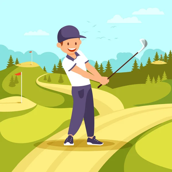 Junger lächelnder Mann in Sportuniform hält Golfschläger in der Hand. — Stockvektor
