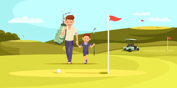 Man in sport pak met golf clubs wandelen met zoon — Stockvector