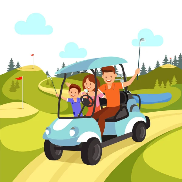 Gelukkige familie met golf clubs rijden Blue Golf Cart — Stockvector