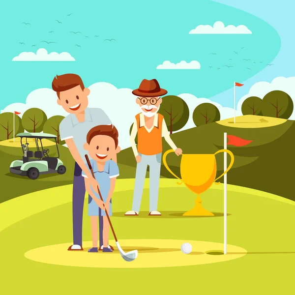 Joyful Father Teaching Little Boy to Play Golf. — Stock Vector