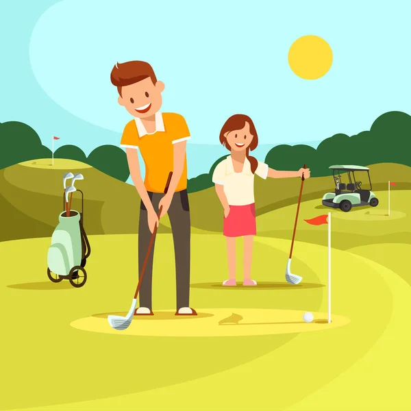 Mladý muž a žena hraje golf na zelené louce. — Stockový vektor