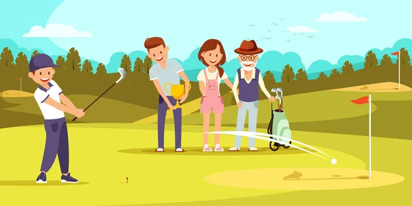 Happy Family op Golf veld ontspannen bij Golf Club. — Stockvector