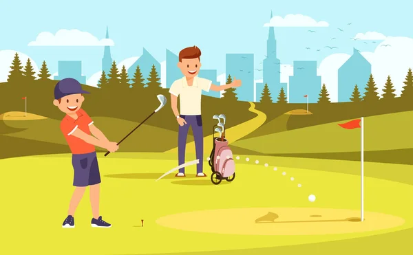 Junior sportieve golfer die op driving range oefent. — Stockvector