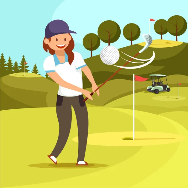 Joven mujer sonriente jugando al golf en el campo verde — Archivo Imágenes Vectoriales