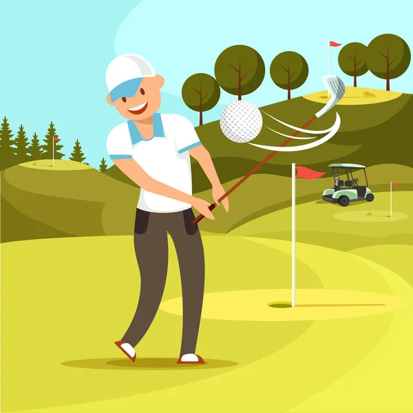 Uśmiechnięty człowiek w białym sporcie Uniform hit Golf Ball. — Wektor stockowy