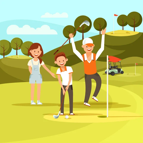 Joyful Boy Aiming to Hit Golf Ball Hit it in Hole. — Stock Vector