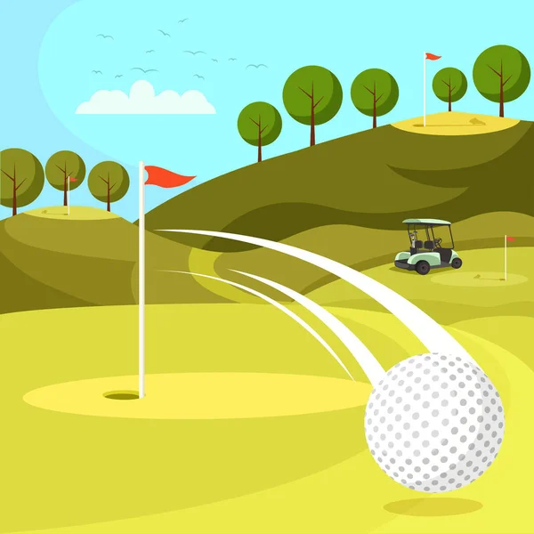 Golf bal passeren door hole op koers met vlaggen. — Stockvector