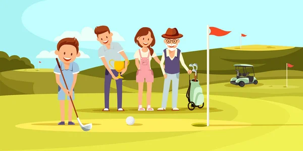 Familia feliz en el campo de golf jugando al golf. Ocio . — Archivo Imágenes Vectoriales