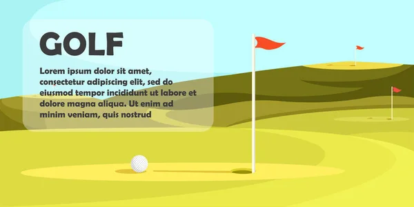 Blauwe lucht en groene golf veld met gat en vlag. — Stockvector