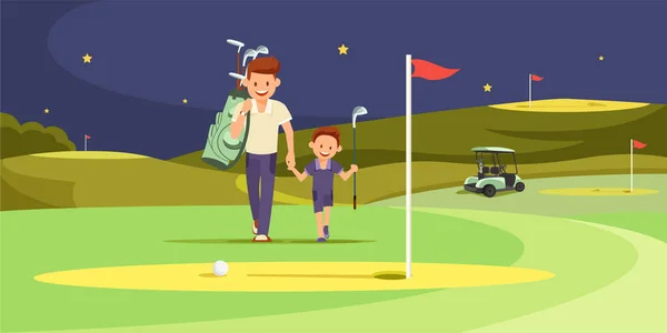 Happy Man with Son Golfers Walking on Perfect Golf — Stock Vector