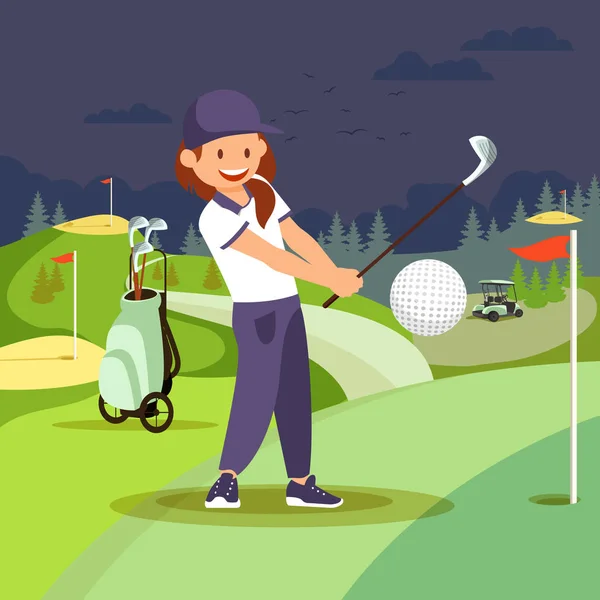 Girl Playing Golf at Nigh Course. Sport Lifestyle.