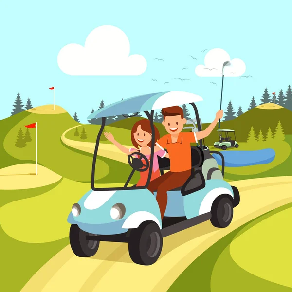 一对年轻男女驾驶高尔夫球车. — 图库矢量图片