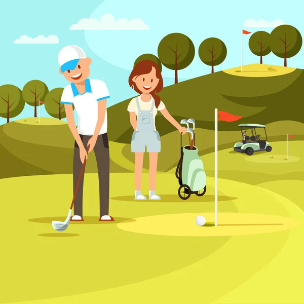 Młody mężczyzna i kobieta grający w golfa na boisku. Sport. — Wektor stockowy