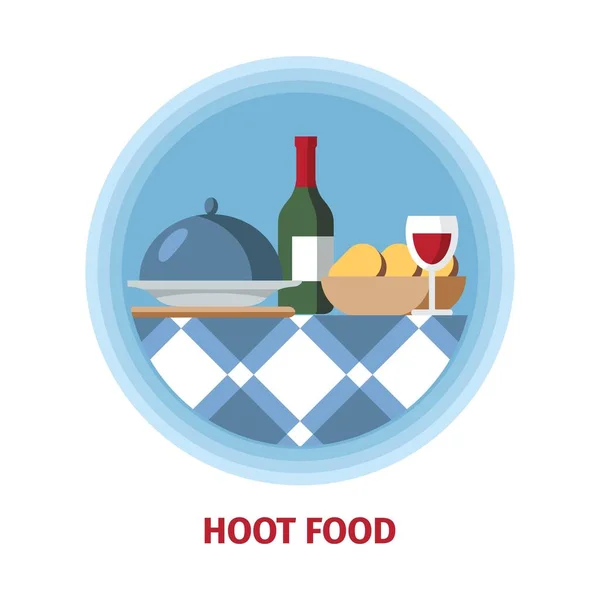 Hot Food and Wine Flat Vector Color Illustration