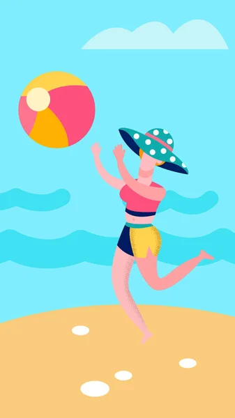 Élégante dame lancer ballon sur la plage Illustration — Image vectorielle