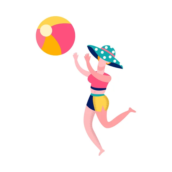 Жінка грає на пляжі волейбол плоска ілюстрація — стоковий вектор