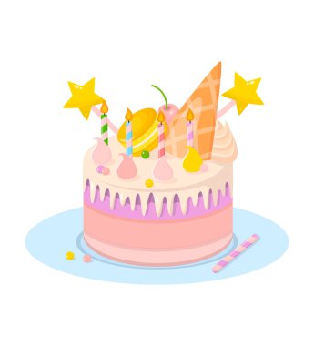 Mumlar, Yıldız, Tabakta Krema ile Doğum Günü Pastası.