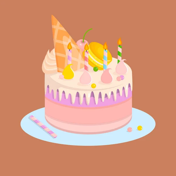 Kuchen für Geburtstagsfeier mit Kerzen und Süßigkeiten. — Stockvektor